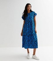 New Look Blue Abstract Frill Sleeve Midi Smock Dress